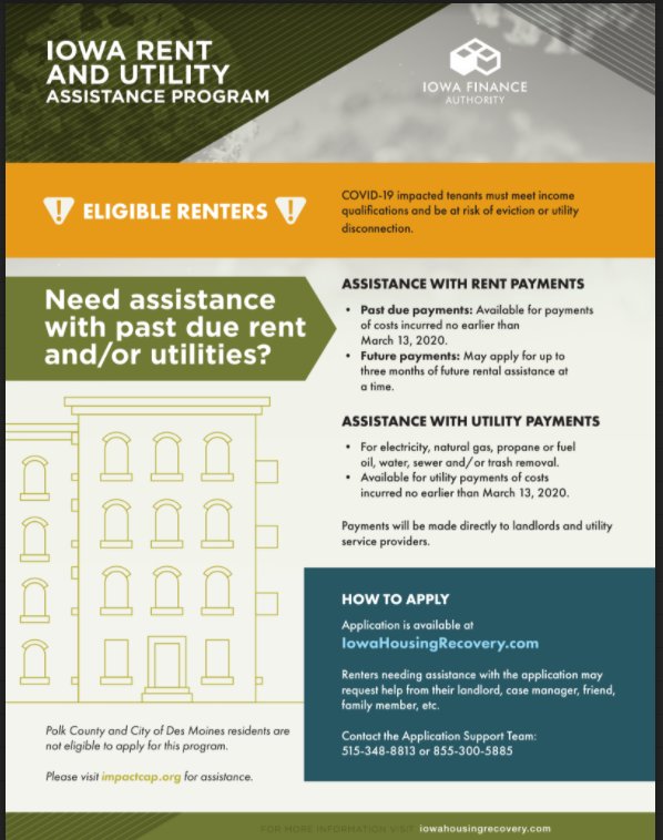 DcsdWilson's tweet photo. With new COVID relief money, the Iowa Finance Authority will be launching the Iowa Rent &amp; Utility Assistance Program at the end of March. This program can help families with their rent and utility payments. Apply at: https://t.co/qUwlfmdPNv https://t.co/QzwS51pcGv