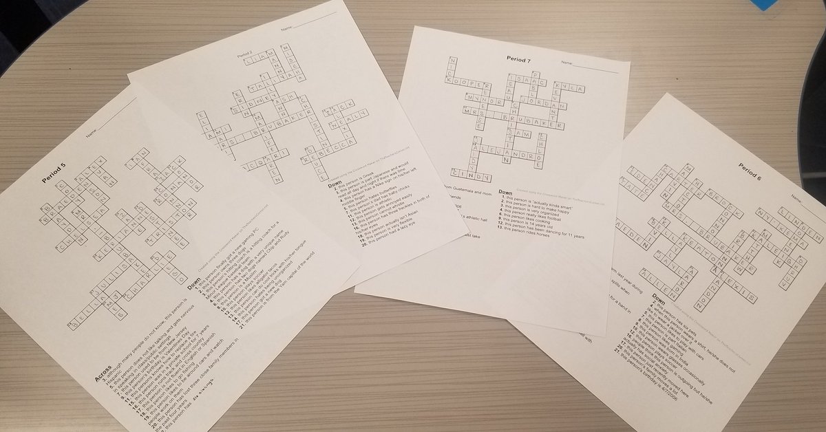 NmbMrs's tweet photo. Nothing like a fun crossword puzzle to get to know each other! I had students submit fun facts about themselves and we learned so much! 

Some favorites:
1. One student has three freckles on her right eye.
2. One is terrified of butterflies.
3. One student has never had soda! https://t.co/AgCdvph4po