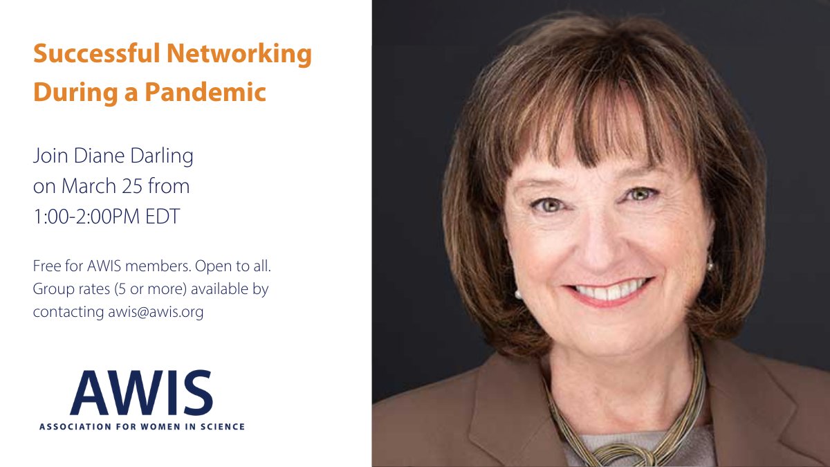 AWISNational's tweet photo. You're invited to these #networking events on Thursday!
- 1 p.m. ET: Learn about virtual networking with @DianeDarling. https://t.co/FByJdBzB81
- 6:30 p.m. ET: Put the lessons into practice at a networking social w/ @AWISBalt, @AWIS_Bethesda, and @AWISDC! https://t.co/haLbCsrLdX https://t.co/tXoRta3VIL