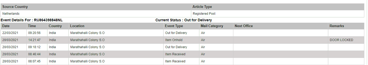 Siddharth_i's tweet photo. @IndiaPostOffice 
RU864398848NL : No knock on the door or anything; comes to the apartment complex and delivers other letters but doesn't deliver my package. Is this a new strategy to haggle someone? Do I have to go to the postoffice now to get it? https://t.co/KrEpcAxBH0
