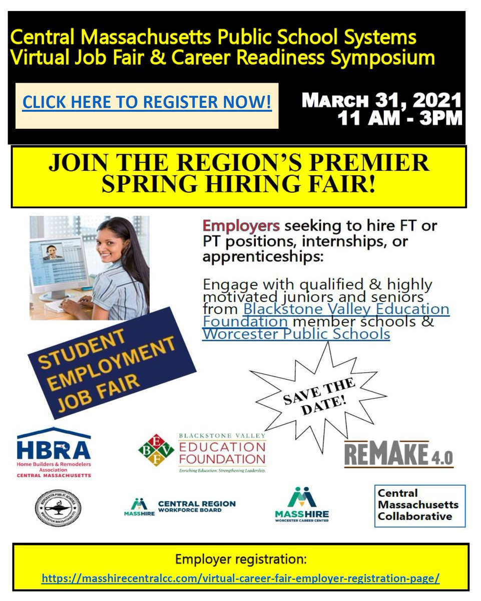 #VirtualJobsFair and #Career Symposium next week: Join dozens of #employers who are connecting w/ motivated #jobseekers (juniors and seniors) from <a href="/worcesterpublic/">Worcester Public Schools</a> and <a href="/BVEdFd/">Blackstone Valley Education Foundation</a> #highschools. #Employment <a href="/MAWorkforce/">Massachusetts Workforce Association</a> <a href="/TweetWorcester/">City of Worcester</a> <a href="/chamberworc/">Worcester Chamber</a> <a href="/WBJournal/">Worcester Business Journal</a> <a href="/WorcesterBDC/">WorcesterBusiness</a>