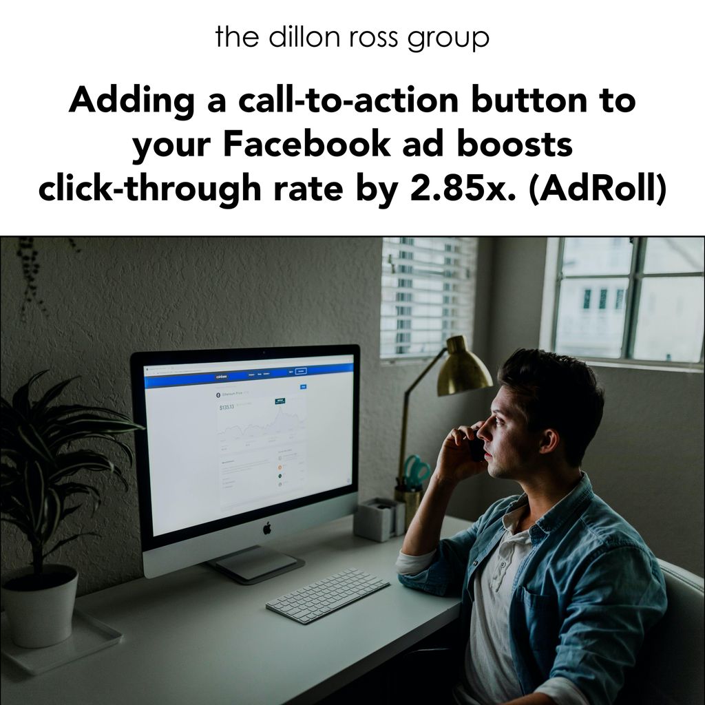 dillonrossgroup's tweet photo. According to AdRoll, adding a call-to-action button to your Facebook ad boosts click-through rate by 2.85x.

Easy add - big ROI! https://t.co/DjJ48zjAvR