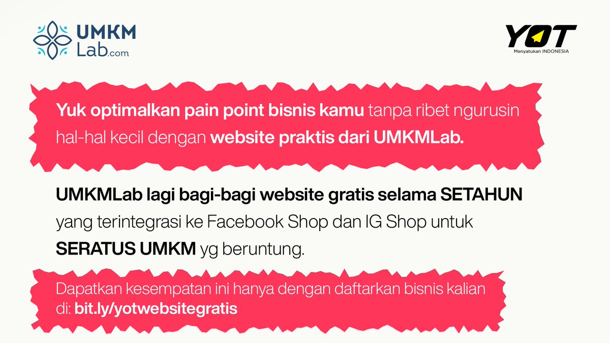 YoungOnTop's tweet photo. Jangan lupa juga daftarkan bisnis kamu di https://t.co/ylcaMbEJoB untuk dapetin free website yang udah terintegrasi dengan IG Shop atau FB Shop gratis!
Periode daftar hanya sampai 30 April 2021
#YOTWebsiteGratis #UMKMLab #gratiswebsite #websitegratis #solusiumkm #painpoint https://t.co/YpSIm3aX5m