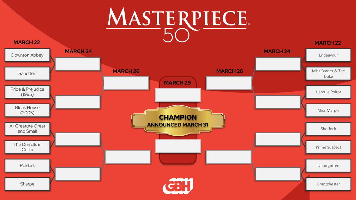 GBH's tweet photo. 16 𝑎𝑙𝑙-𝑡𝑖𝑚𝑒 𝑑𝑟𝑎𝑚𝑎𝑠
1 𝑡𝑟𝑢𝑒 𝑐ℎ𝑎𝑚𝑝𝑖𝑜𝑛

#MasterpieceMadness starts... right now! You have exactly 48 hours to vote in the Round 1 head-to-head match-up polls threaded below. 🧵⤵️ https://t.co/QNcxzmeZbm