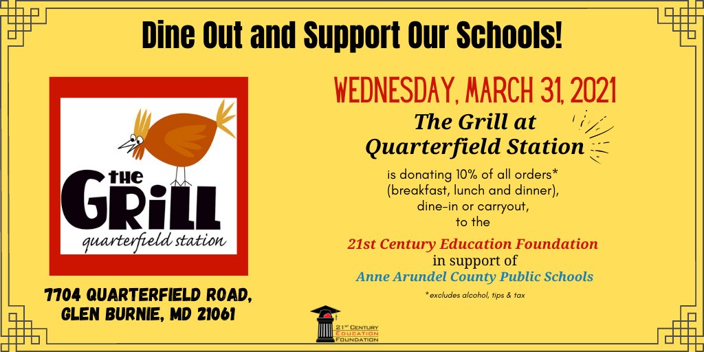 aacpspartners's tweet photo. Please come out and support The Grill at Quarterfield Station as they support our schools! #AACPSAwesome #21stCEF https://t.co/y4YQxSJPu6