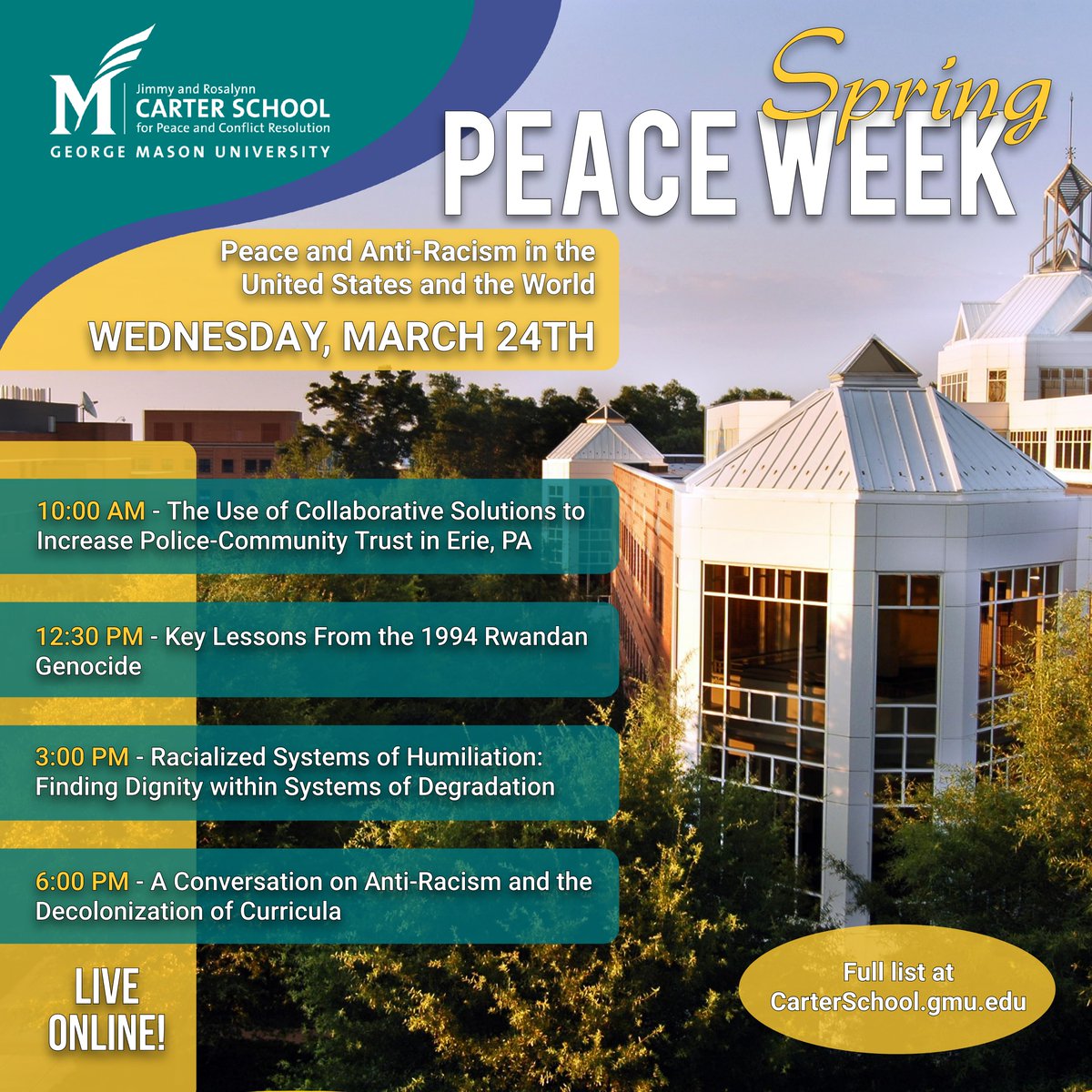 AfPeacebuilding's tweet photo. Join the #BetterEvidenceProject and @GMUCarterSchool for #PeaceWeek🕊️ from March 22-26. BEP Exec. Director Dr. Kristina Hook will be facilitating discussions w/ leading experts on the theme of peace & anti-racism in the US and the world.
👉 Register here: https://t.co/XxQBKK2zJ4 https://t.co/Uh1HjJz38f