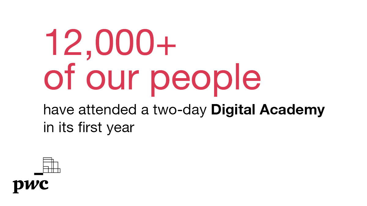 KevinJDEllis's tweet image. More than half of our people have been through @PwC_UK's biggest #upskilling project over the past year. 12,000+ people have taken part in a #DigitalAcademy, learning how #tech can help us work with clients to solve important problems. More here: pwc.to/3bLNoY6