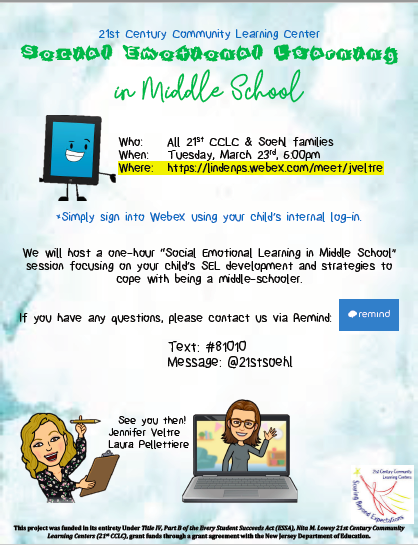 MrsVeltre's tweet photo. As part of the 21CCLC program, @MsPellettiere and I will be hosting a 'Social Emotional Learning in Middle School' parent event on my Webex! ✅🎉 @SoehlLPS #21stCCLC https://t.co/A2Hgxoe3Uk