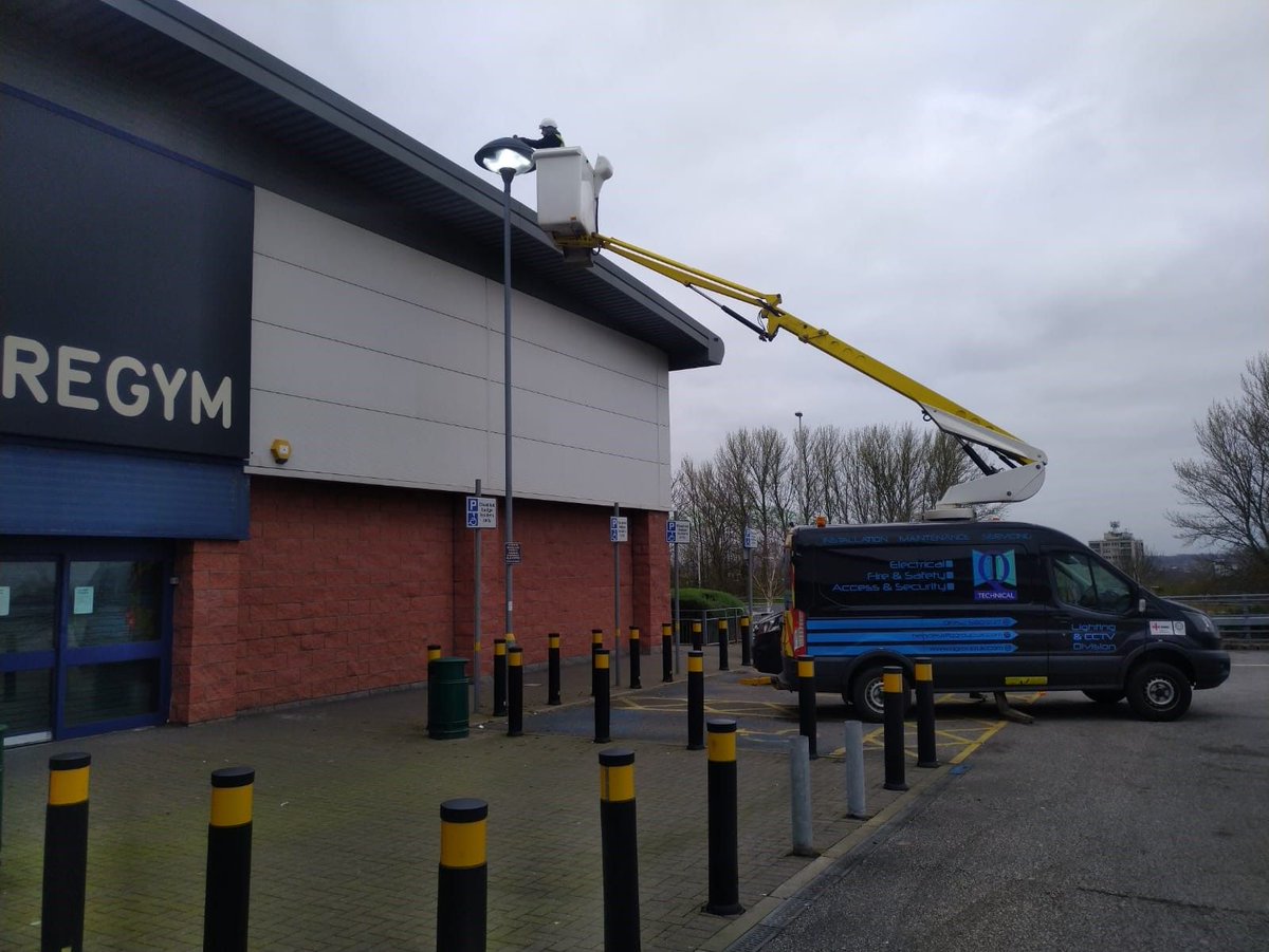 The access platform with Michael and Sam hard at work today in Runcorn doing a contracted annual external lighting full clean and also repairs.