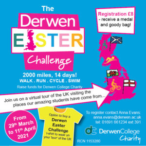 DerwenCollege's tweet photo. Just one week to go until the Derwen Easter Challenge kicks off. Have you signed up yet? It's your chance to step up (or cycle or swim) to help support students with #SEND to look forward to a more independent future.
Register today at https://t.co/inISKukv8L #supportDerwen https://t.co/sosLn5XgTE