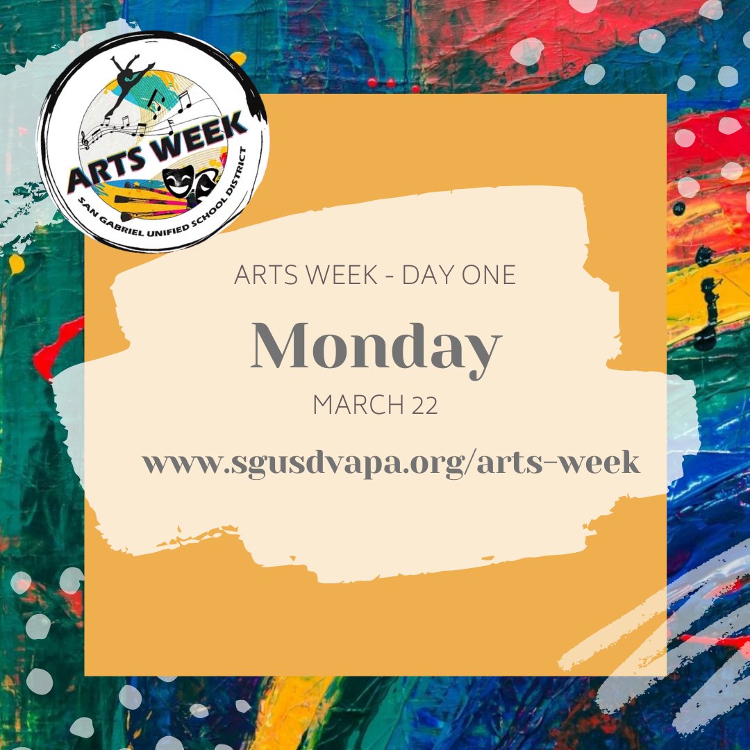 SanGabrielUSD's tweet photo. Get ready for a day filled with creative artwork from our talented students and staff! Here is the schedule for Day 1 of Arts Week. #sgusd #sgusdvapa #sgusdartsweek #vapa https://t.co/9cK4dKqSQs