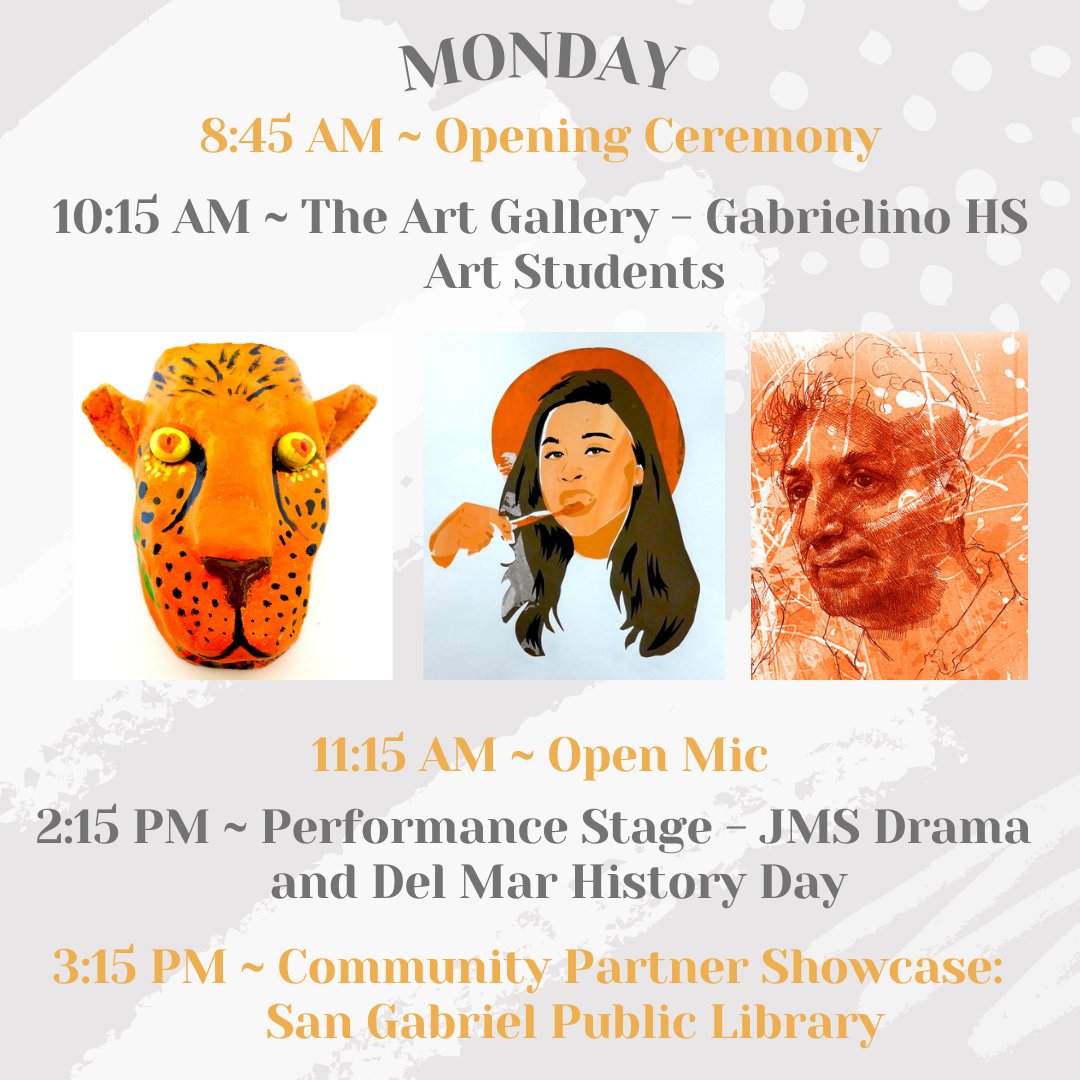 SgusdVapa's tweet photo. Get ready for a day filled with creative artwork from our talented students and staff! Here is the schedule for Day 1 of Arts Week. #sgusd #sgusdvapa #sgusdartsweek #vapa https://t.co/80gIkREMIy