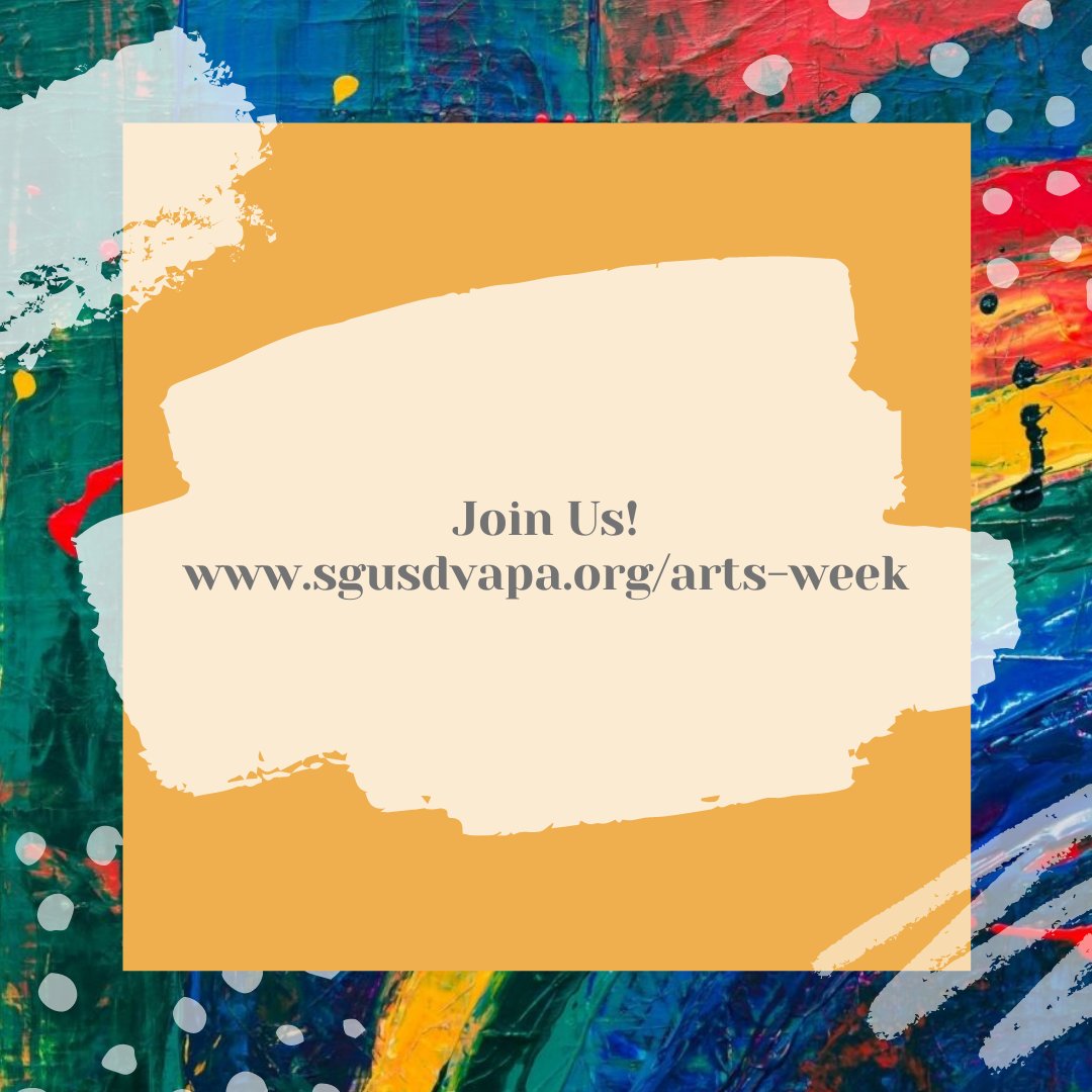 SgusdVapa's tweet photo. Get ready for a day filled with creative artwork from our talented students and staff! Here is the schedule for Day 1 of Arts Week. #sgusd #sgusdvapa #sgusdartsweek #vapa https://t.co/80gIkREMIy