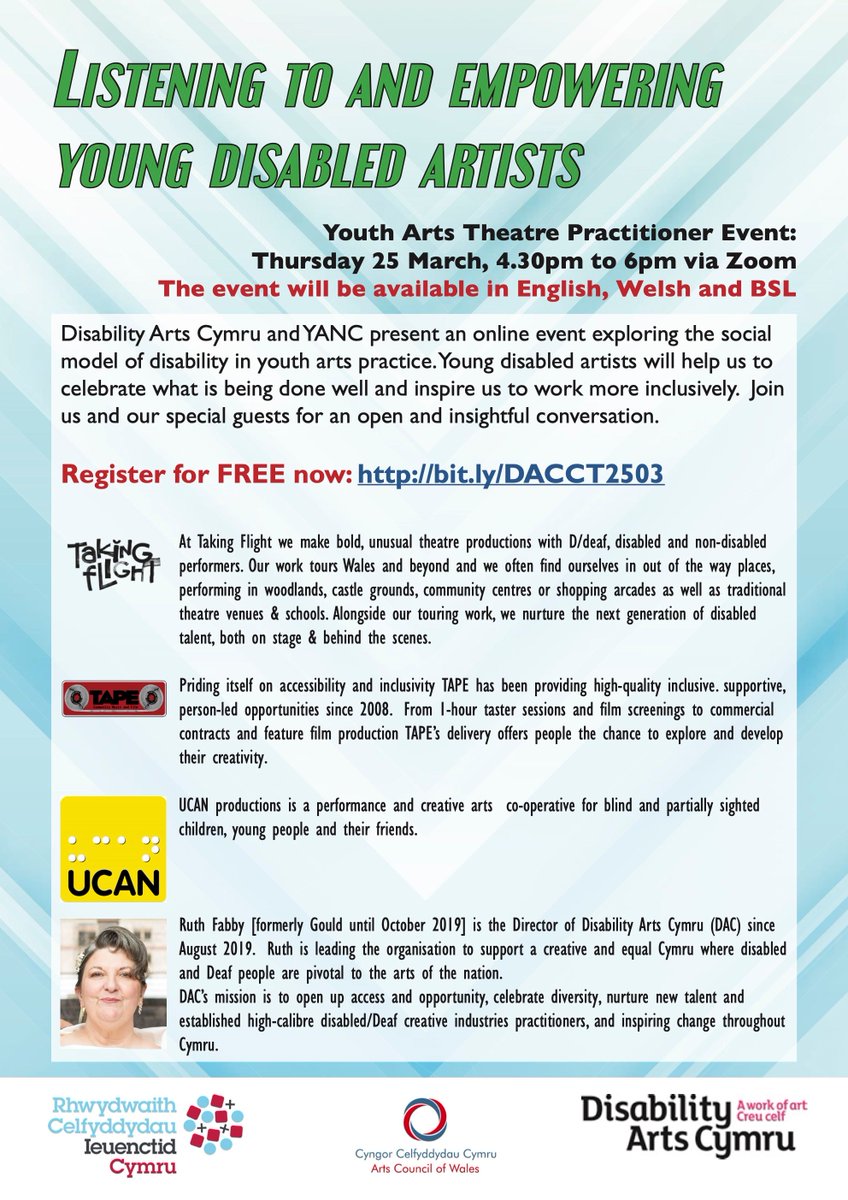DACymru's tweet image. Disability Arts Cymru and @YANCinfo1 present an online event exploring the social model of disability in youth arts practice. 
🗓Thursday 25 March, 4.30pm to 6pm via Zoom
🎟 bit.ly/3rW6z8x 
@takingflightco @tapeartscentre @UCANProduction #CripTalks #EndAbleism