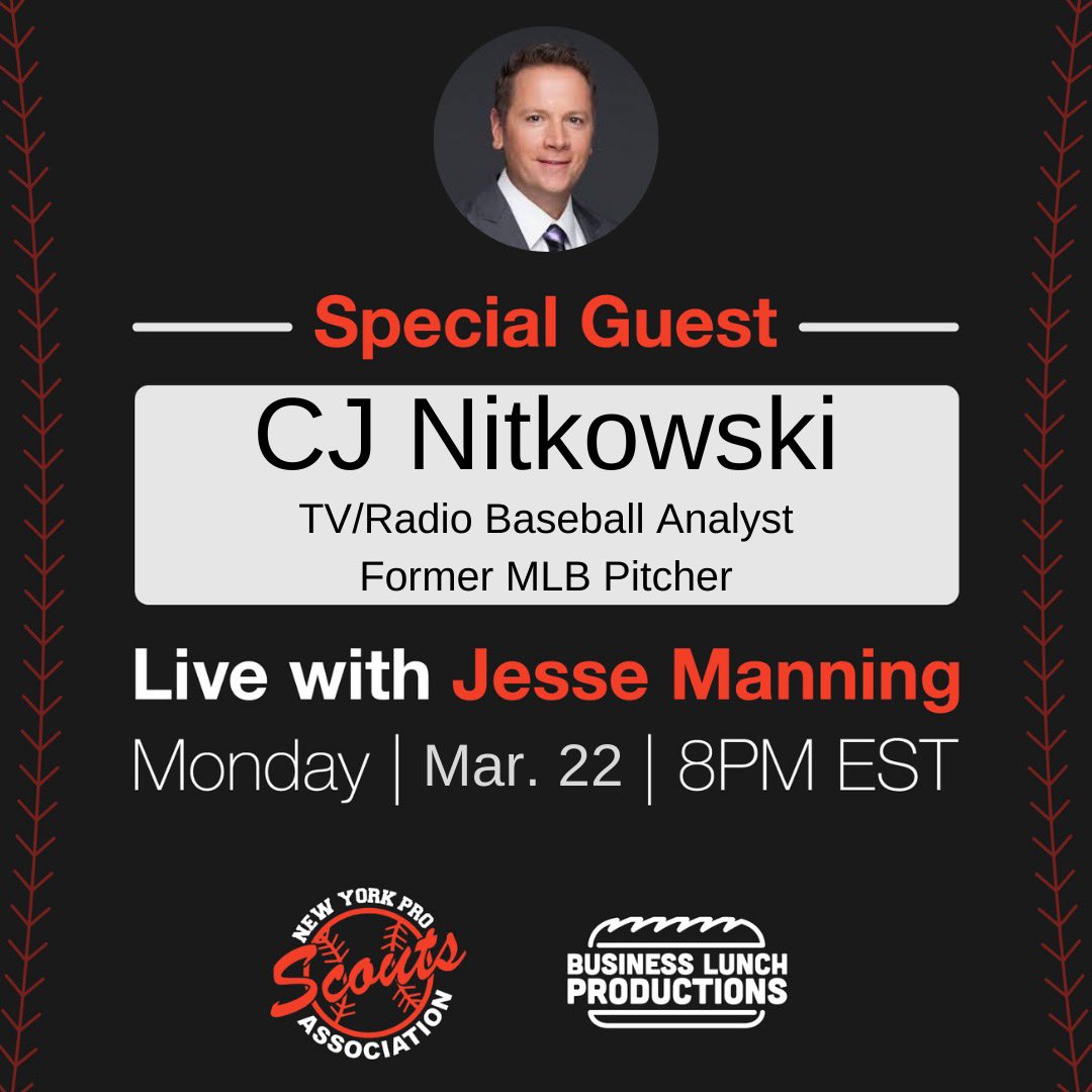 nyproscouts's tweet photo. 🎥: Join @thejessemanning of @BizLunchProd as he welcomes @CJNitkowski 📺/📻 Baseball Analyst for @Rangers @MLBONFOX @FS1 and @MLBNetworkRadio and former @MLB Pitcher to IG Live tonight! 🗽⚾️

⌚️: 8 PM EST
📱: Our @instagram page
(@nyproscouts)

#NYProScouts | @StJohnsBaseball https://t.co/cdOvW8jyKN