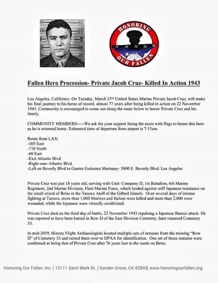History_Flight's tweet photo. PVT Cruz will be laid to rest at Los Angeles National Cemetery, Thursday, 25 March 2021, on what would have been his 96th BIRTHDAY!

Welcome home Marine!

#youarenotforgotten #powmia #tarawa #ww2 #findingthefallen #welcomehome #LAX #california #usmc #marines #semperfi https://t.co/SedbJNw0Z8
