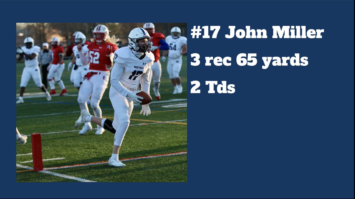 Making his football debut, the All-County PG and <a href="/Mount_MLAX/">Mount St. Mary's Men's Lacrosse</a> commit <a href="/john5miller/">John Miller IV</a> did not disappoint. The Senior WR finished the game with 3 catches for 65 yards and 2 TDs to lead the Mustangs in receiving.