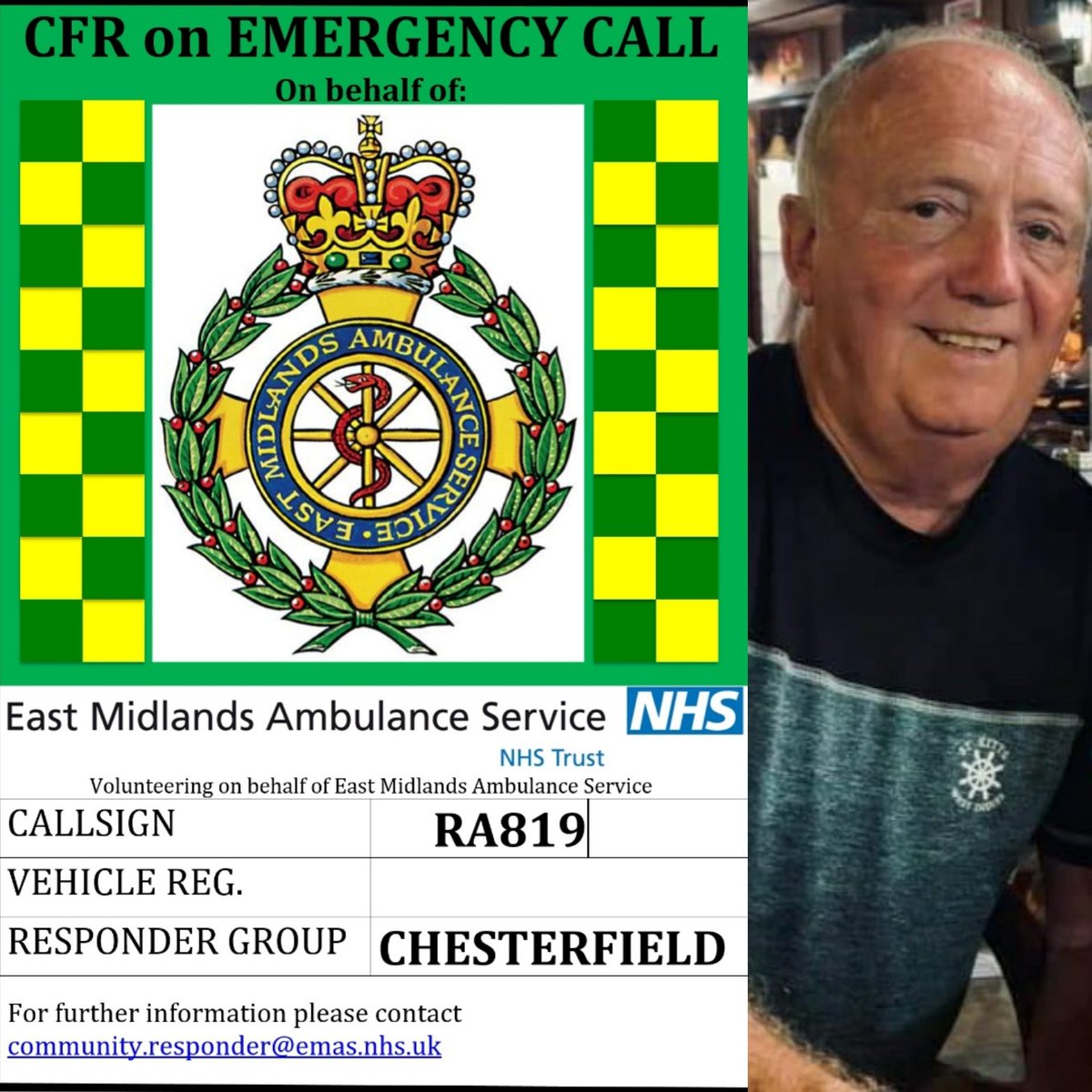 CfieldCFRs's tweet photo. We've got Smudge standing by today, Smudge was also on standby yesterday too. 
This lovely volunteer will be covering Brimington and surrounding areas supporting @EMASNHSTrust
Also Toby has logged on CFR15 and standing by in #Chesterfield
#volunteers #EMASCFR #communitylove 💚❤ https://t.co/9YKMKB5K8u
