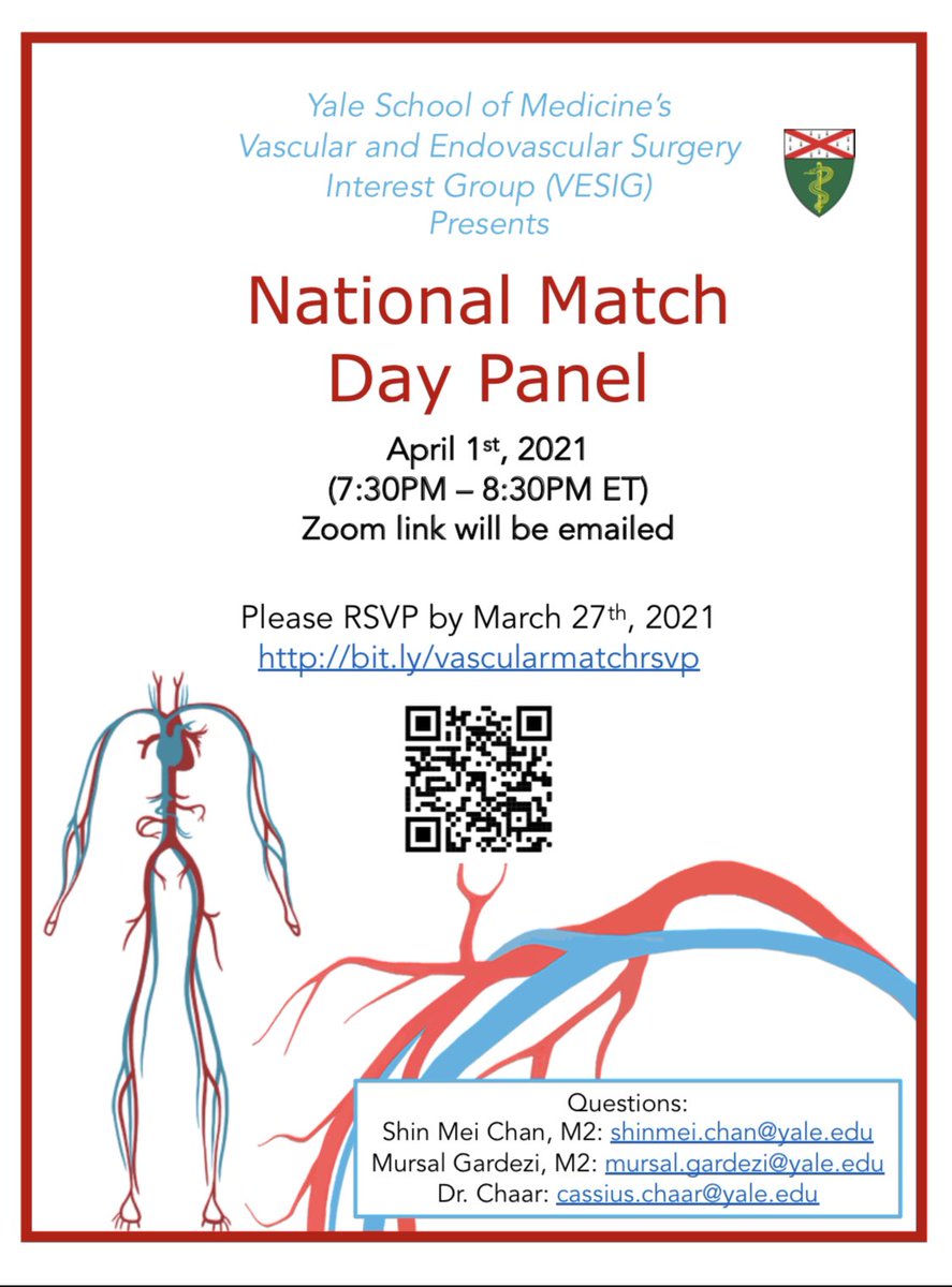 NextGenVascular's tweet photo. Yale School of Medicine's Vascular and Endovascular Surgery Interest Group (VESIG) will be hosting a National Match Day Panel on April 1 from 7:30 to 8:30 p.m. ET. Please RSVP by March 27 to save your spot: https://t.co/RMlbrgI5Ej
@YaleVascular #VascSurg https://t.co/VZTRro01zH