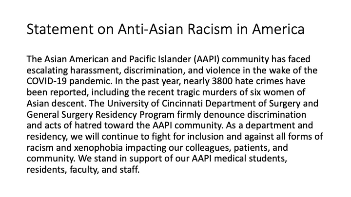 cincysurgery's tweet photo. We stand in solidarity with @AsianAcadSurg @SocietyofBAS @LatinoSurgery @WomenSurgeons @OutSurgeons in condemning Anti-Asian racism and violence. #StopAsianHate https://t.co/b6820HlhzN