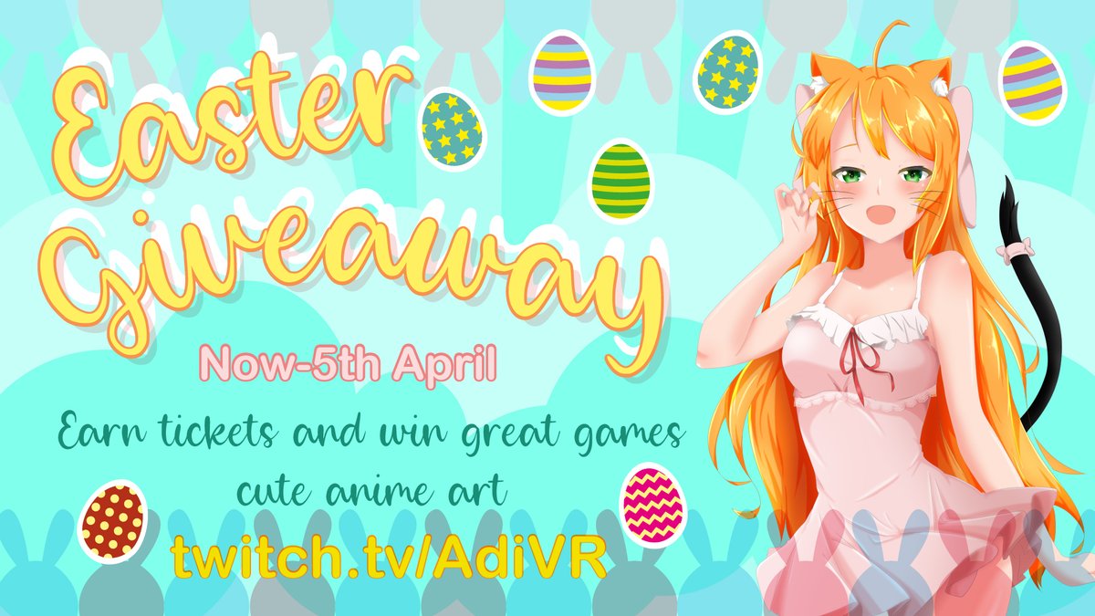 AdiVRChat's tweet photo. It's 2 Weeks till Easter so let's giveaway some games!🐰

To enter, simply go to my twitch: https://t.co/OWhjDISJXO and redeem tickets using channel points (Max 2/stream)

Prize list on my twitch channel

RT &amp; reply with your favourite chocolate and you could win art too!❤️ https://t.co/i2mfk00jQ2