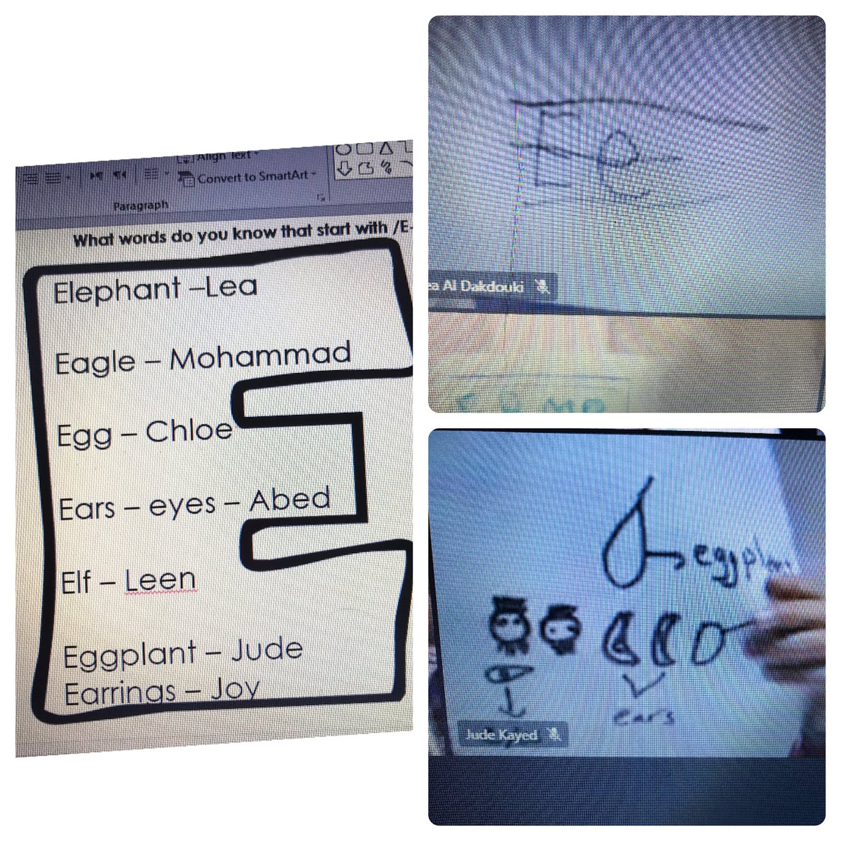 Darineyassine's tweet photo. KG3 learners busy writing their names &amp; letter Ee between the lines, then collaborated responsbily to fill the E silouhette with words beginng with letter /Ee/ #Proud_of_U #literacy #Language #Writing #Virtual_learning @Hhhsinfo @AsmaaKHAYAT @TawilNoor @DaraziFarah @tbaassiri https://t.co/j7vnSt9Msv