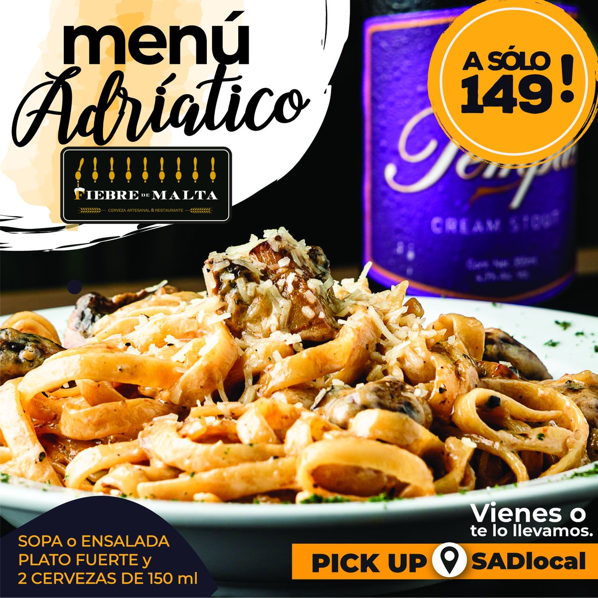 Menú de $149 con nuevas opciones de platillos.
1 entrada 1 plato fuerte y 2 cervezas de 150ml
Disponible de lunes a viernes de 1pm a 5pm 
¿vienes o te lo llevamos?