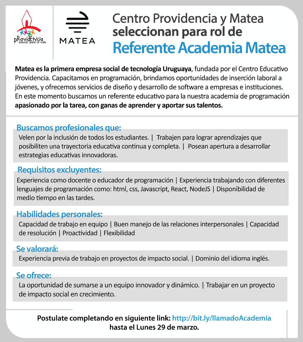 MateaSocial's tweet photo. Querés sumarte al equipo de Matea? Estamos buscando referente para la academia! Te animas? https://t.co/NVvDczpFEB