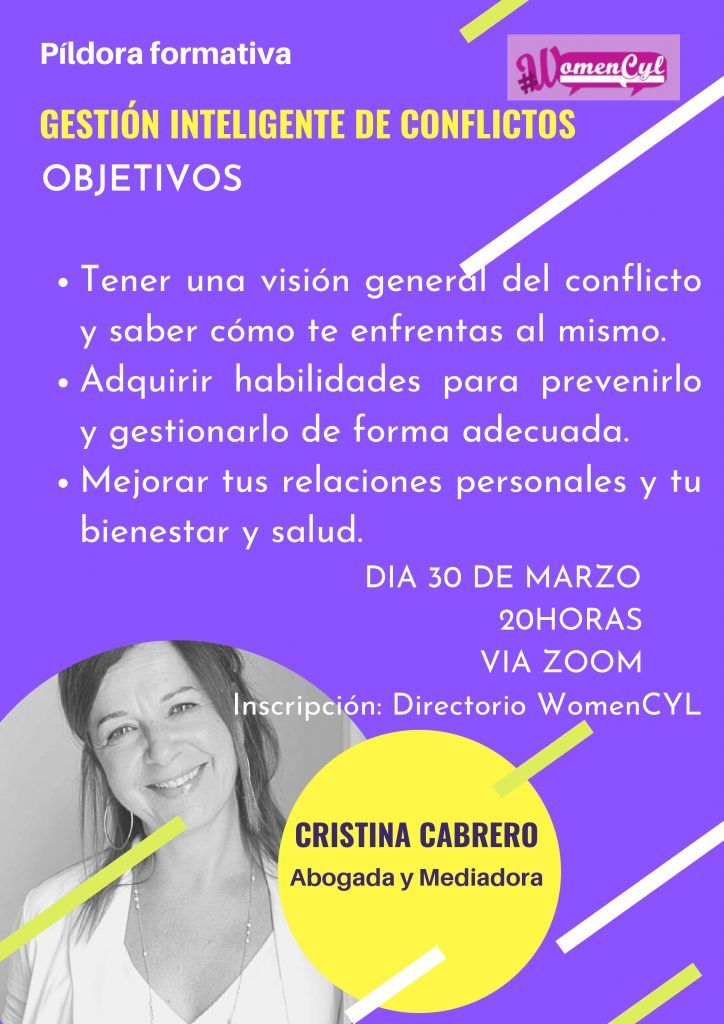 WomenCyL (@womencyl1) on Twitter photo Próxima píldora formativa gracias a Cristina Cabrero
📣 GESTIÓN INTELIGENTE DE CONFLICTOS
📆 30 de marzo
⏰ 20 h.
📌 Zoom. Inscripción en nuestro directorio
👉 buff.ly/3cWYPgj
Apuntaros! Y si aún no eres de #womencyl y quieres información escríbenos a womencyl@gmail.com Próxima píldora formativa gracias a Cristina Cabrero
📣 GESTIÓN INTELIGENTE DE CONFLICTOS
📆 30 de marzo
⏰ 20 h.
📌 Zoom. Inscripción en nuestro directorio
👉 buff.ly/3cWYPgj
Apuntaros! Y si aún no eres de #womencyl y quieres información escríbenos a womencyl@gmail.com