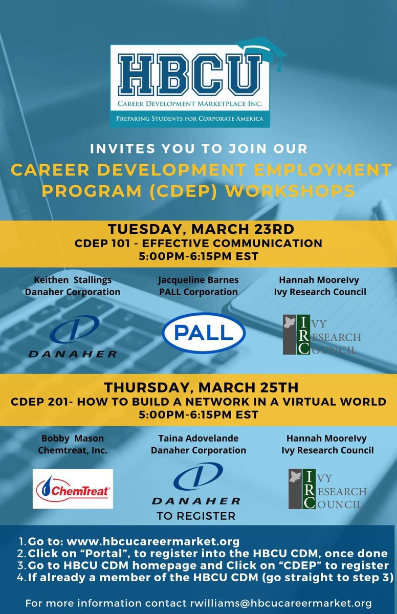 Are you a Freshman or a Sophomore? Don’t miss our new CDEP workshops coming up this week! Register free today! #HBCUCDM  #HBCU #HBCUPortal #CorporateAmerica  #Leadership #Skills #Professional #Careers #Interests #Resume #Recruit #Internships #Networking #Connect #Talent #JoinUs
