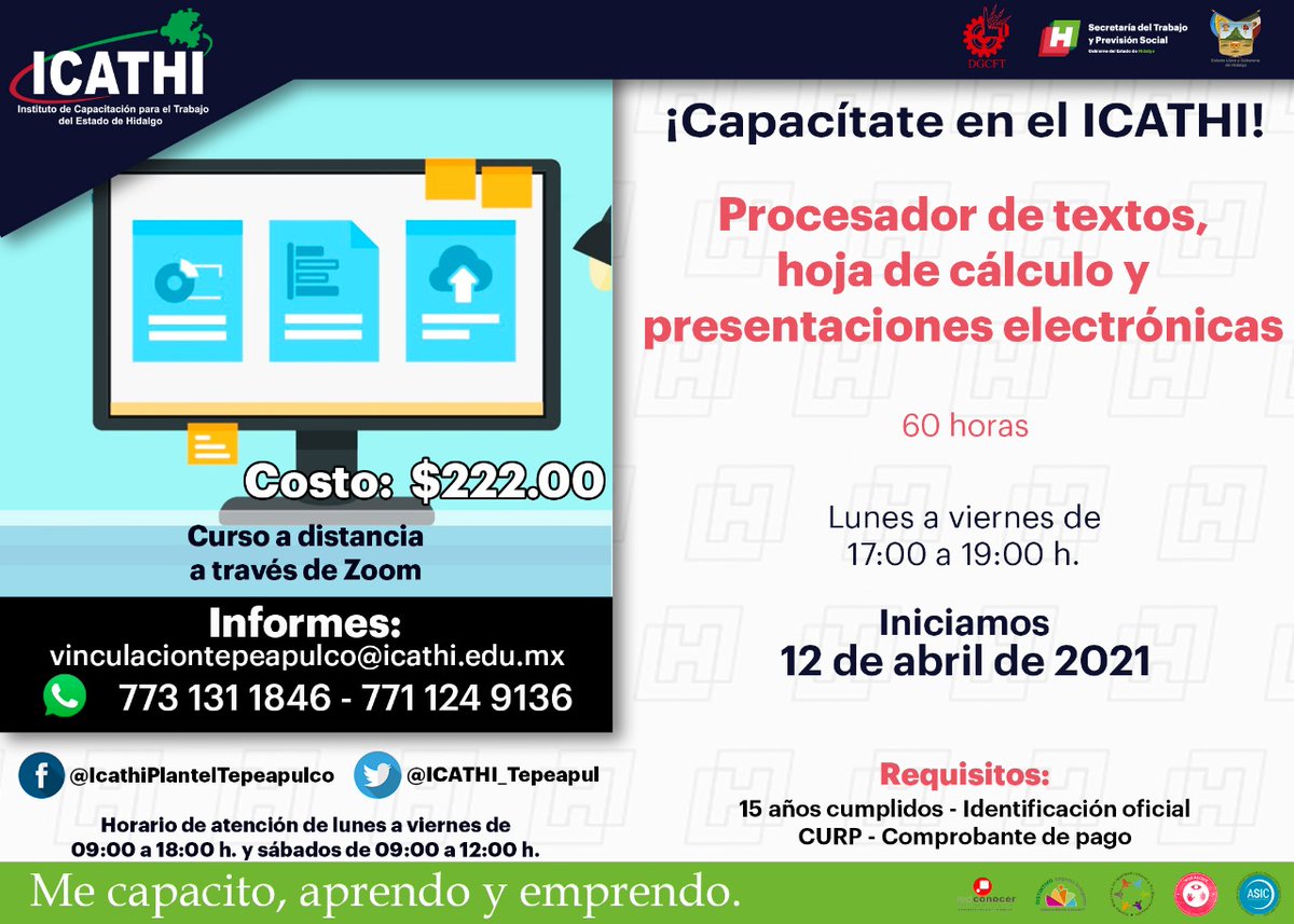 icathi's tweet photo. Capacítate en el #CursoADistancia de #ProcesadorDeTextos #HojaDeCálculo y #Presentaciones, y amplía tus posibilidades laborales. Para solicitar información e inscribirte puedes llamar a los números 7731311846 y 7711249136, o escribir al correo: vinculaciontepeapulco@icathi.edu.mx https://t.co/jeoGDF0IJc