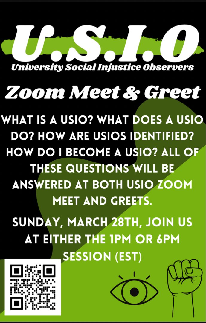What is a University Social Injustice Observer? What does a USIO do? How do I become a USIO? All of these questions will be answered at the USIO Meet &amp; Greets, this Sunday, March 28th, at either 1pm or 6pm (EST).
Zoom links for both events can be found at mjbfoundation.net/event/usio-mee…
