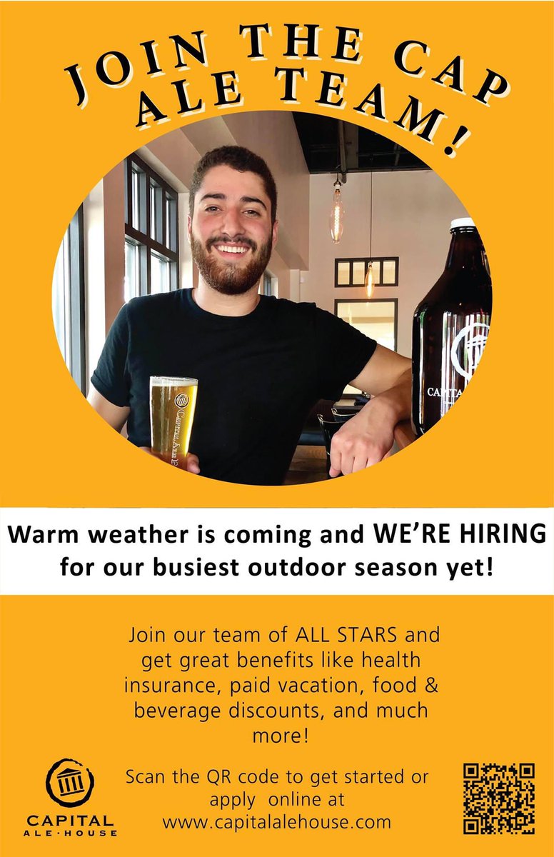 CapitalAleHouse's tweet photo. Do you know someone that would be a great addition to our staff? If we hire them, you'll get a $100 Capital Ale House Gift Card. They can apply here https://t.co/Ijj2H9ZrLo and be sure to have them put your name in the “Did Someone Refer You To This Position” slot! #capalefred https://t.co/V0wILBBoi1