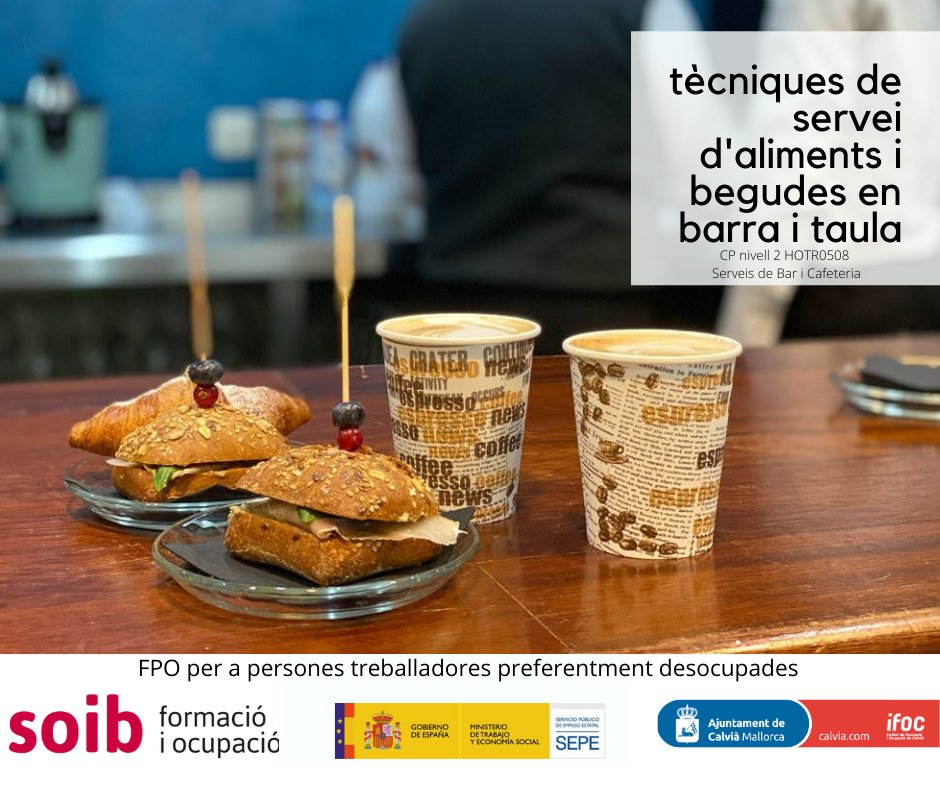 ifocalvia's tweet photo. La formació no atura. Ara, més que mai, l'Ifoc aposta per la formació pràctica i experiencial.
El curs de Serveis de bar i cafeteria i s'adreça preferentment a persones en atur. El fa possible la participació del SOIB i el SEPE.
#FormacioSOIB https://t.co/JXuGl3LR5v