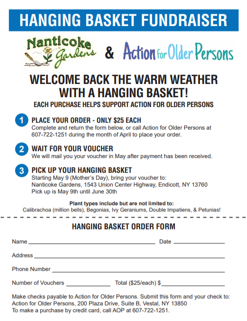 ActionforOlder's tweet photo. Welcome Spring! We're working with Nanticoke Gardens to help sell Hanging Baskets. 💐 Details can be found on the order form.  
Call AOP at 607-722-1251 to order by credit card or here's the link for a printable version that payment can be mailed with:

https://t.co/Pe2tjcyrNQ https://t.co/EWPrU3jEL0