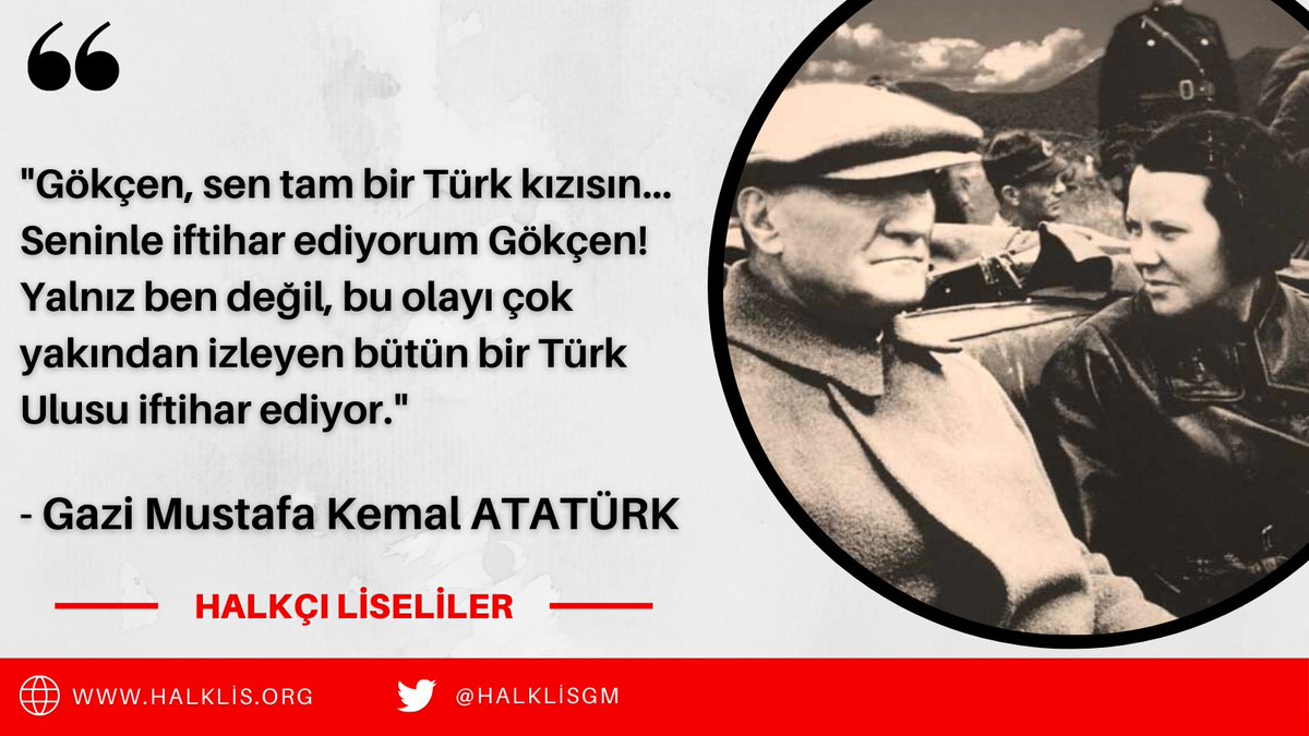 Atatürk'ün manevi kızı, dünyanın ilk kadın savaş uçağı pilotu, Türkiye'nin ilk kadın pilotu olan #SabihaGökçen'i vefatının 20. yılında saygı ve rahmetle anıyoruz. Aziz ruhu şad olsun.

#LiselerdenGençliğeGelecekBizimElimizde
<a href="/halklisgm/">Halkçı Liseliler</a>