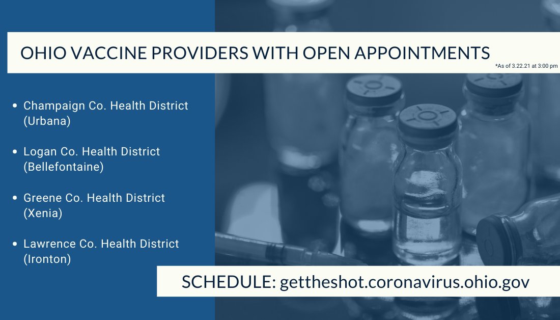 Governor Mike Dewine On Twitter There Are Currently Several Vaccination Appointments Open For This Week With Some Of Our Local Health Department Partners Including Those Listed Below Book An Appointment By Entering