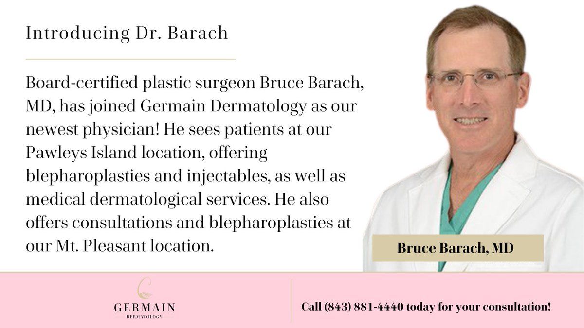 Introducing the newest member of our team: Dr. Barach! He is a board-certified plastic surgeon offering blepharoplasties &amp; fillers as well as medical services at our Pawleys Island location. Dr. Barach is also offering consultations &amp; blephs at our Mt. P location as soon as 4/7!