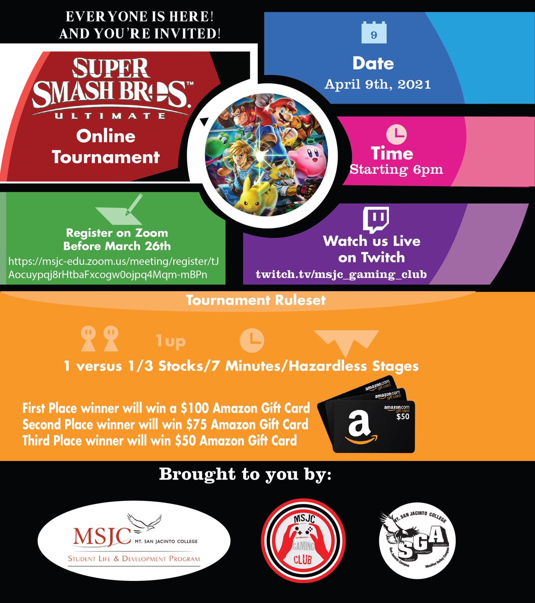 MSJC_studentgov's tweet photo. ATTENTION GAMERS! 🎮 The gaming club is hosting a Super Smash Bros. Online Tournament! 

RVSP by March 27! The event will take place on Thursday, April 9 at 6:00 PM! Link for RVSP: https://t.co/B2X9UZgHSy 

$100 Amazon gift card for first place winner! 🏆🤑 https://t.co/SIYm1YGZDc