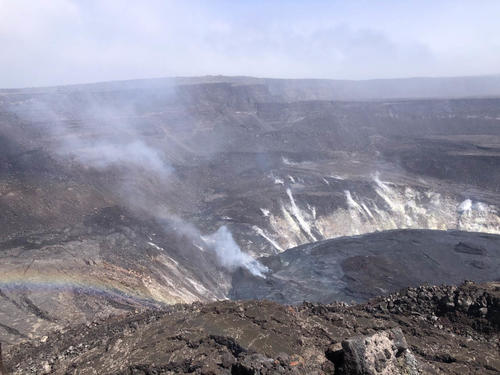 On St. Patrick's Day, March 17, 2021, a rainbow was observed adjacent to the active lava lake at the summit of Kīlauea Volcano. This photo was taken around 11:00 a.m. HST from the south rim of Halema‘uma‘u crater. In the nearly three months since the eruption started on December 20, 2020, the active surface of the lava lake has risen to approximately 222 m (728 ft). USGS Photo by J. Chang.
