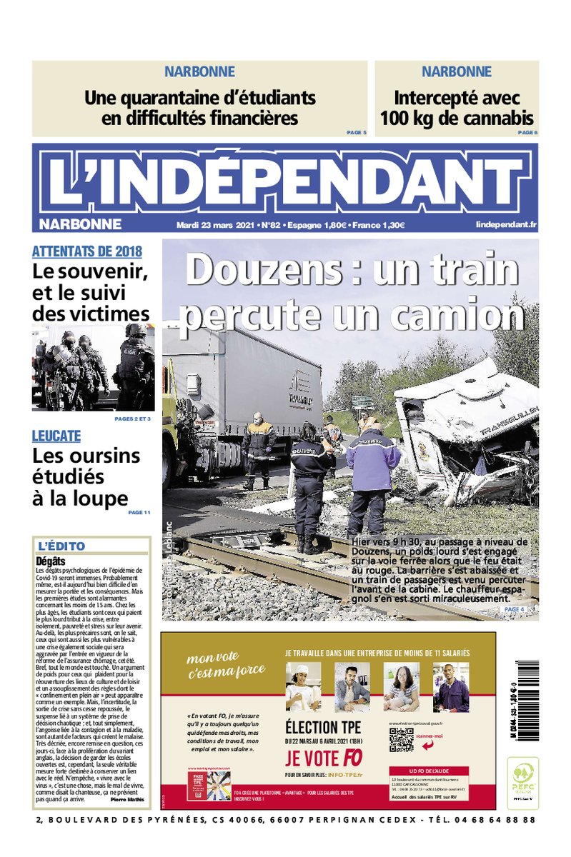 Bonsoir, 
Voici les unes de nos trois éditions #Carcassonne #Narbonne #Perpignan de ce mardi 23 mars à retrouver chez votre marchand de journaux, dans vos boîtes aux lettres ou sur lindependant.fr pour les abonnés.
Bonne soirée 😉