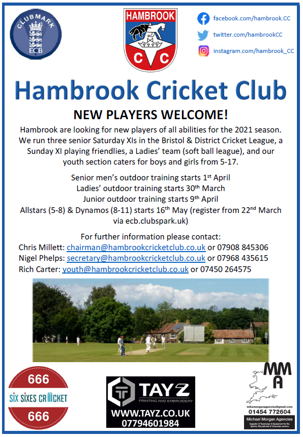 Hambrook CC are glad to announce plans to get the game on from 29th March!*
With 3 Senior sides, Juniors  5-17 and a fast developing Ladies softball team we are looking for more players to join the Hambrook family.

*Pending Final government approval