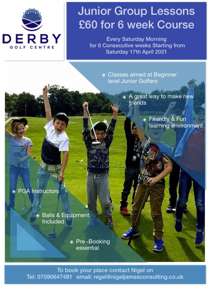 nigel_b_golf's tweet photo. Junior group golf sessions starting in April at @derby_golf_centre!!!
Get your kids into sports and get in touch to book their place 👍🏽.
#golf #lessons #golflessons #derbygolf #pgainstructors #beginner #golfer #junior #juniorgolf #kids #kidsgolf #golfforkids #havesomefunatgolf https://t.co/PZA7BTIlz1