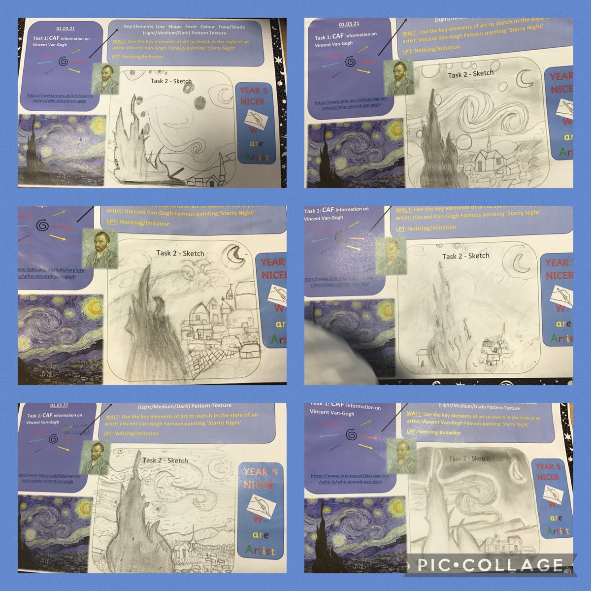 BentleySheron's tweet photo. Stunning Art work by 5WB in the style of Van Gogh. They did a smashing job on their abstract work too. ⁦@debbie_hipkiss⁩ ⁦@simonwaldron66⁩ ⁦@MissBodh⁩ ⁦@Mr_mcavill⁩ ⁦@VicParkAcademy⁩ ⁦@VicAcademies⁩ https://t.co/j9Ekft1fbv