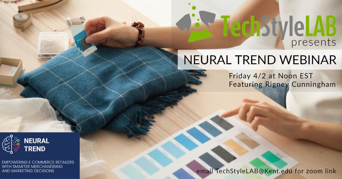 Tech_Style_LAB's tweet image. TechStyleLAB presents a Fashion Tech Hackathon Webinar featuring Neural Trend. Please join as Rigney Cunningham, Fashion Analyst, speaks about Neural Trend and give us insights/walkthrough of its comprehensive tools.
April 2nd, 2021