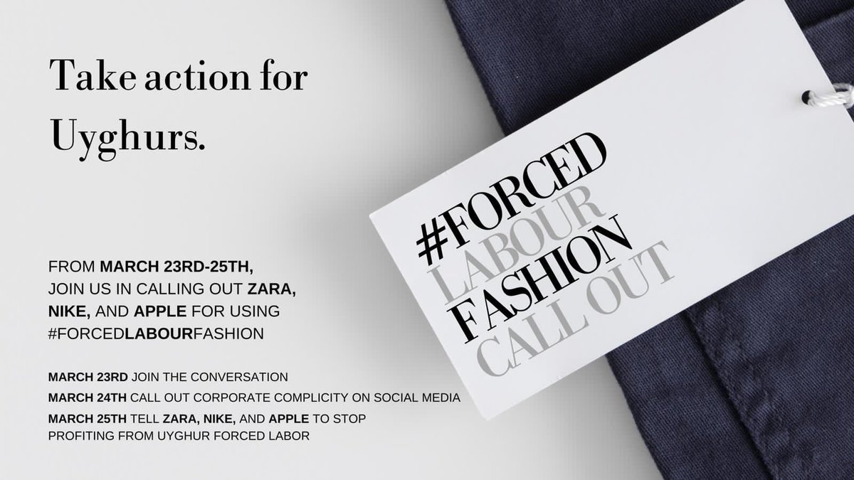 stopforcdlabour's tweet photo. TOMORROW: Join us for our #ForcedLabourFashion Call Out Campaign to demand that @Zara @Nike + @Apple stop profiting from #UyghurForcedLabour!

🗣️Retweet to spread the word🚨 https://t.co/HSfOZIm3WQ
