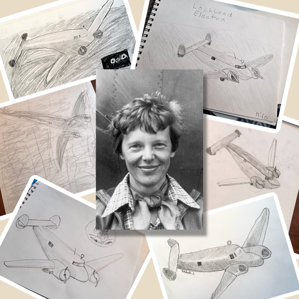 BoeingAcademy's tweet photo. This past weekend our Connections members participated in a special Draw-Along session in celebration of #WomensHistoryMonth! The subject was Amelia Earhart’s Model 10-E Electra.  Well done team, beautiful work!✍️✈️ https://t.co/Gc9bM3KBS8
