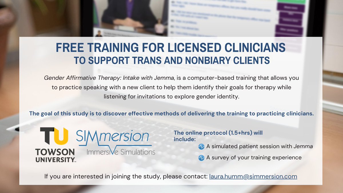SIMmersion_PR's tweet photo. Are you a licensed clinician interested in free #virtualtraining? We are conducting a #research study with @PazGalupo 's team and would love your participation. For more info or to join, contact: laura.humm@simmersion.com
 
#mentalhealth #transhealth #nonbinary #genderaffirmative https://t.co/6JhaReunIw