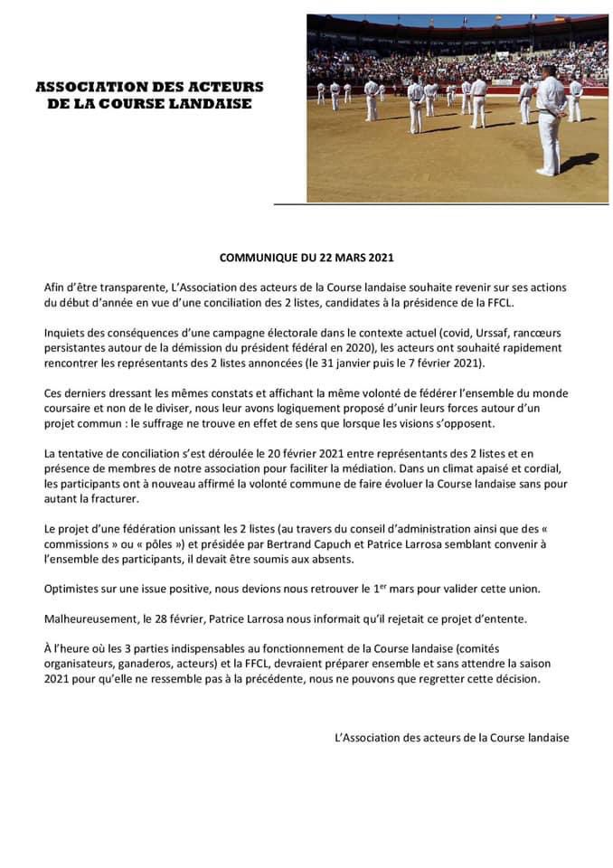 Communiqué du 22/03/2021. 
Afin d’être transparent, l’association des acteurs de la course landaise.... 👇🏻

<a href="/sudouest/">Sud Ouest</a> @Bleu_Gascogne <a href="/F3Aquitaine/">France 3 Aquitaine</a> @espritdusud1 <a href="/espritmundillo/">Esprit Mundillo</a> <a href="/MundilloTaurino/">Mundillo Taurino</a> <a href="/ladepechedumidi/">La Dépêche du Midi</a> @