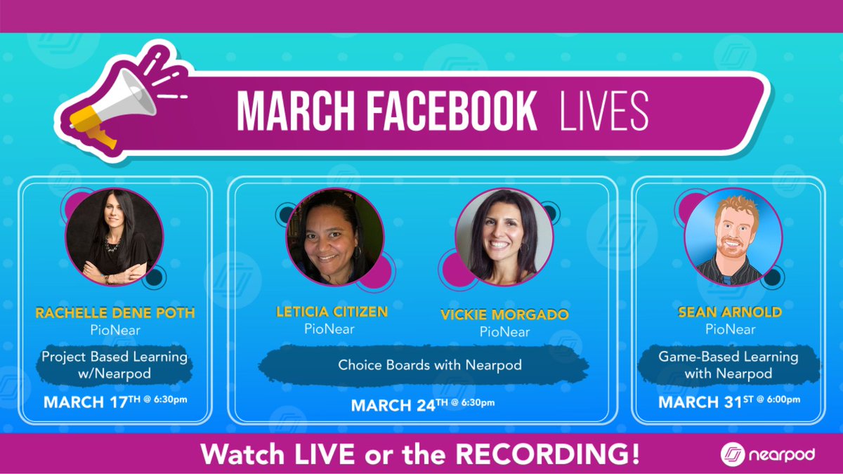 nearpod's tweet photo. 📅 Mark your calendars for our Facebook Live on March 24th! 

Connect with @vickiemorgado1 &amp; @CitiCoach as they talk about Choice Boards with Nearpod  🎉

💙 Join our Facebook Community to watch this exclusive content.
https://t.co/wRCPKLaLeq https://t.co/QhNyYccWIp